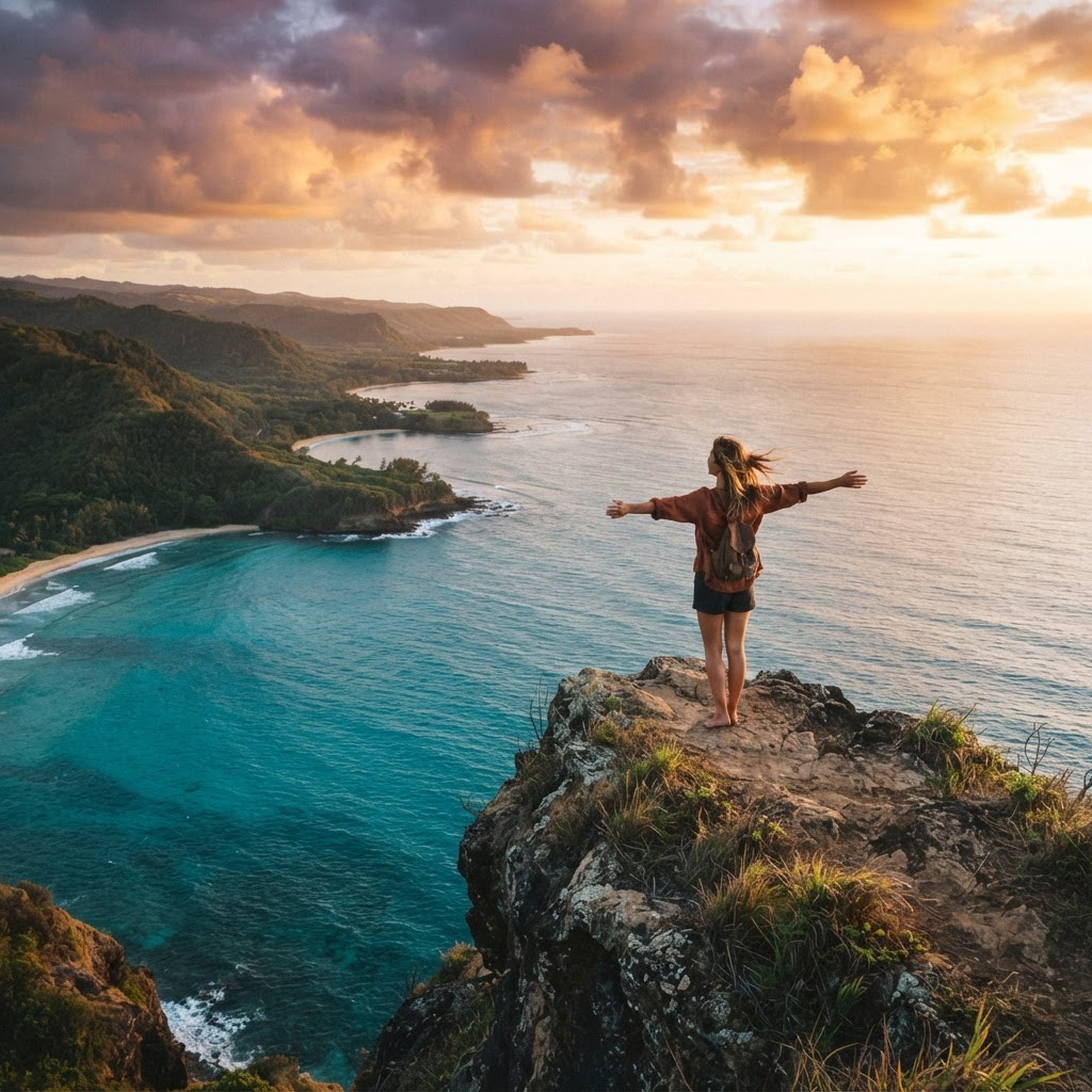 A young traveler standing on a cliff overlooking the ocean at golden hour