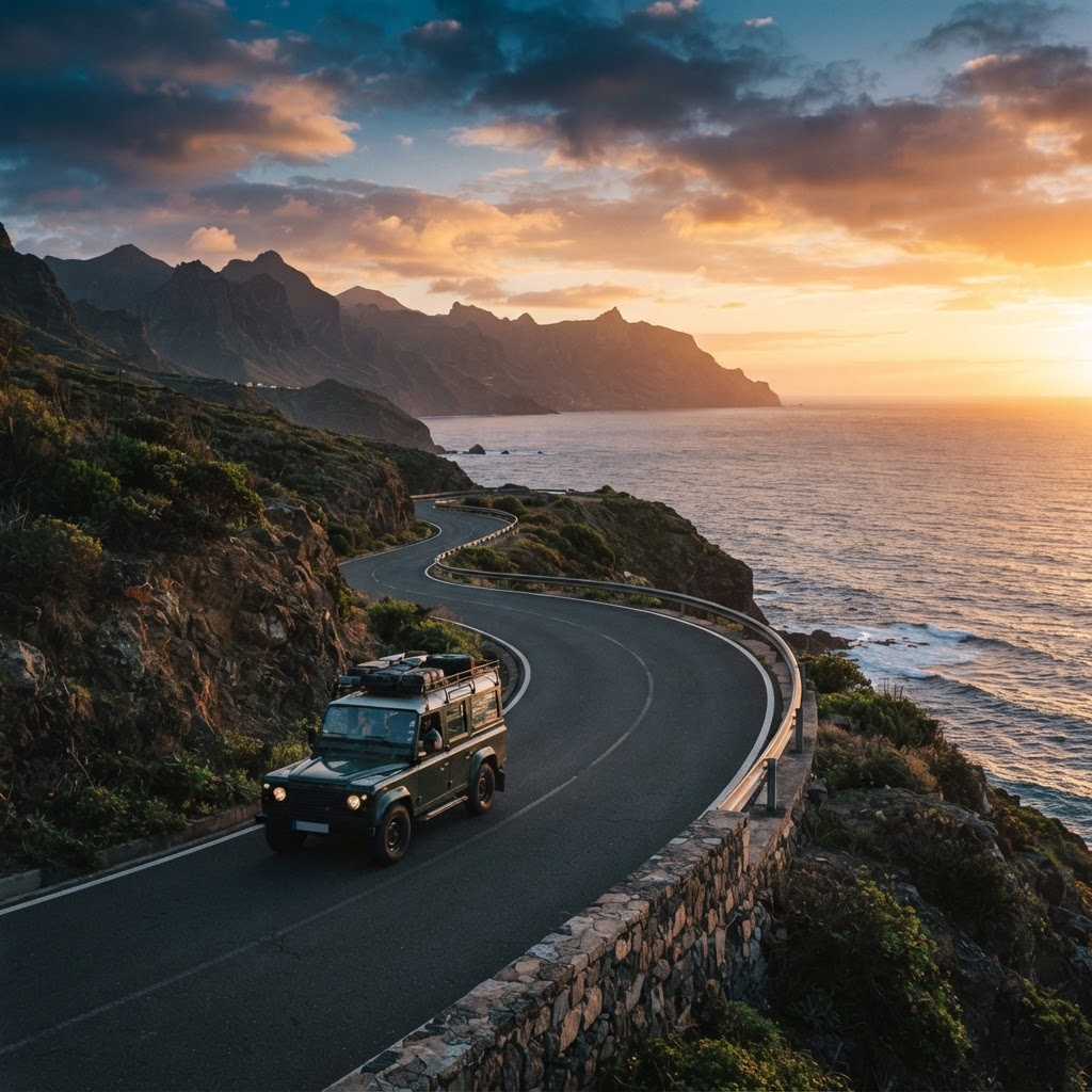 An open coastal road at golden hour leading toward mountains